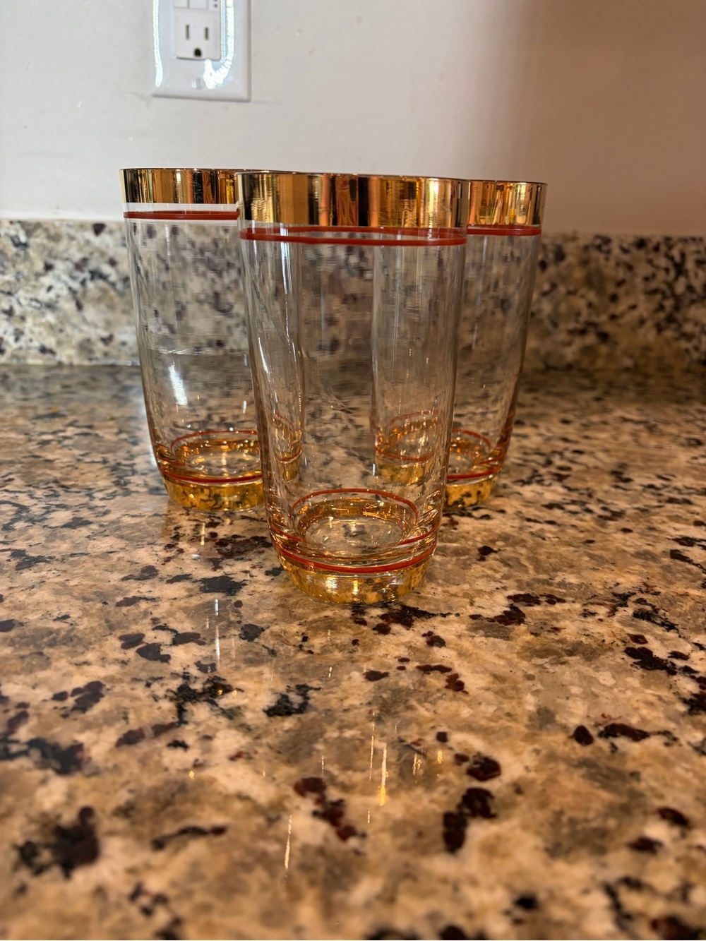 Vintage Mid-Century Modern clear glass highball tumblers gold accents